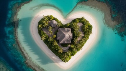 Fototapeta premium Heart Shaped Island Paradise: A tranquil, heart-shaped island in the turquoise waters of the Maldives, showcasing the beauty of nature's design.