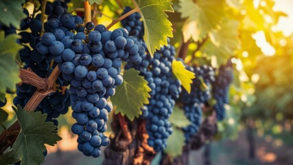 Fototapeta premium Sun-Kissed Grapes: Ripe, juicy grapes hang heavy on the vine, bathed in warm sunlight, evoking the essence of a bountiful harvest and the promise of delicious wine. 