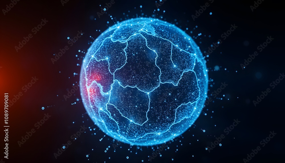 Poster a vivid representation of a planet dissolving with glowing effects in space, perfect for sci-fi illu