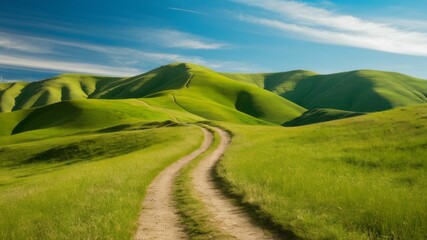 Fototapeta premium Winding Road Through Verdant Hills: A picturesque dirt road snakes its way through rolling green hills, bathed in the golden glow of a clear blue sky.