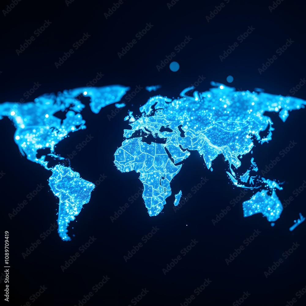 Poster A captivating visual representation of a world map dissolving into glowing particles, perfect for illustrating themes of globalization, digital transitions, and technological advancements.