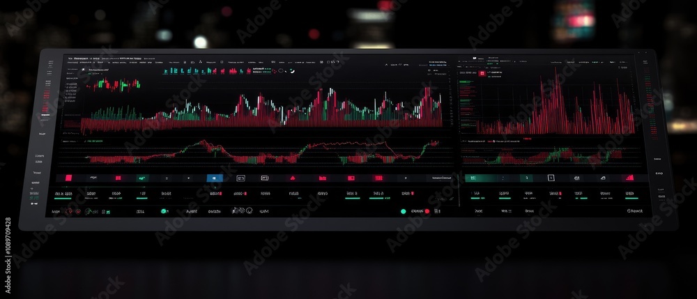 Aufkleber stock market data displayed on a tablet with various charts and graphs showing financial trends.