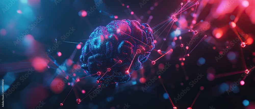 Poster 3d rendering of a brain with glowing neural connections.