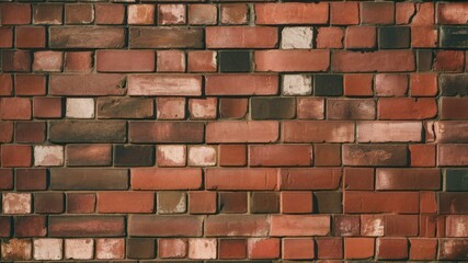 Obraz premium Weathered Brick Wall: A close-up of a timeworn brick wall, revealing a tapestry of textures and hues. The bricks, some chipped and faded, bear the marks of time and weather.