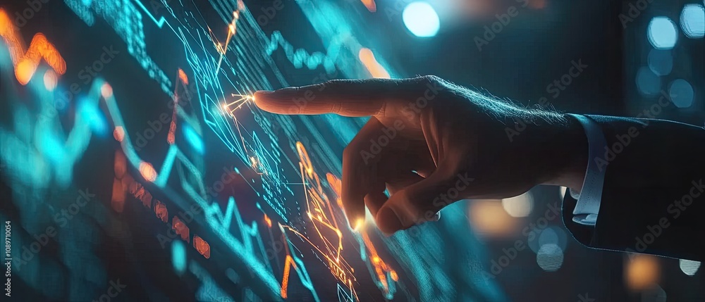 Poster hand interacts with digital data, charts, and graphs on a futuristic screen.
