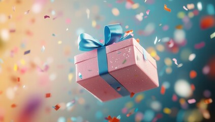 A captivating image: a gift box, tied with a bright, multicolored ribbon, hovers in the air. Sparkling confetti swirls around it, like a miniature firework display.