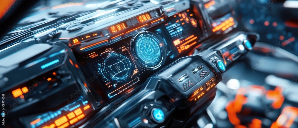 Poster futuristic vehicle dashboard with glowing digital displays and controls.