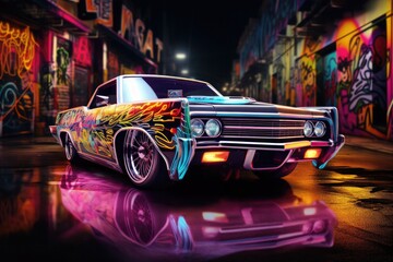 Retro car on a glowing street at night. Steampunk style car. Vintage car