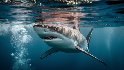 Fototapeta premium Underwater Majesty: A powerful great white shark glides effortlessly through the clear blue depths, its sleek form and piercing gaze captivating the viewer. The water's surface shimmers above.