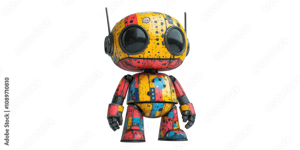 Poster multicolored robot toy with playful and modern look isolated on transparent background.