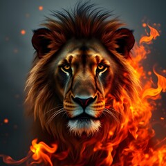 Fototapeta premium Majestic Fire Lion Roaring in a Dramatic Sunset Background, Perfect for Wildlife and Fantasy Themes
