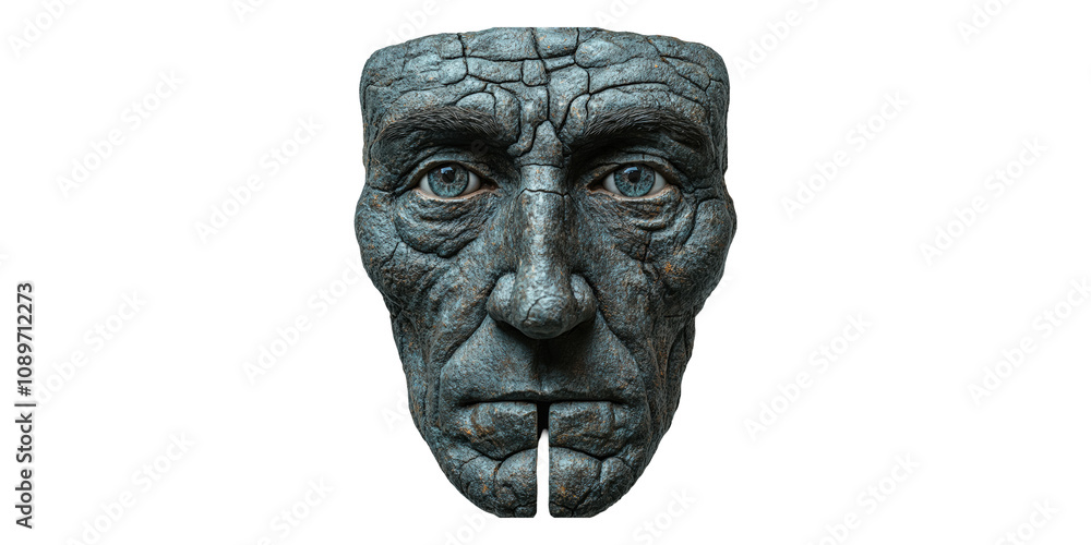 Poster Sculpted Face Mask With Rough Texture Isolated on Transparent Background.