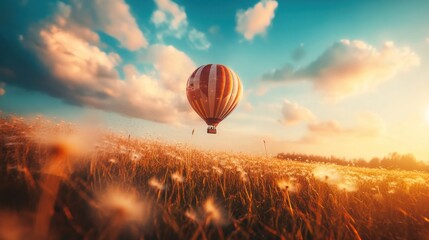 Obraz premium Striped Hot Air Balloon Over a Golden Meadow at Sunset with Stunning Clouds and Warm Light