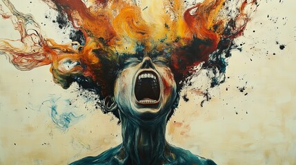 Abstract representation of a mind tormented by mockery and laughter in a dramatic emotional outburst