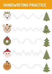 Fototapeta premium Tracing lines, handwriting training worksheet for kids. Writing training page. Christmas Educational game and activity for preschool, homeschool, kindergarten. Christmas Tracing practice sheet.