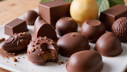Elegant chocolate selection, sophisticated mood, showcasing various shapes, gourmet dessert concept