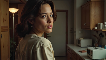 Young woman looking back over shoulder in cozy kitchen environment with warm lighting