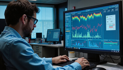 Young professional analyzing data on computer screen in modern office setting