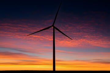 Obraz premium Wind turbine silhouetted against the setting sun, creating a striking contrast between renewable energy and a breathtaking natural sunset, symbolising sustainability and environmental harmony