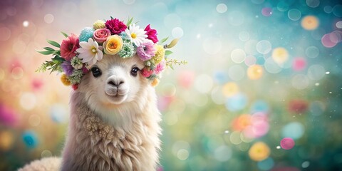 Obraz premium Adorable Alpaca in a Flower Crown Surrounded by Soft, Colorful Bokeh Effects, Captured in a Tilt-Shift Photography Style for a Whimsical Nature Scene