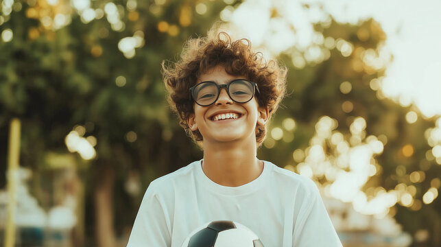 Smiling boy with curly hair and glasses holding a soccer ball outdoors. Youth sports, joy, and leisure concept for advertising, blogs, and articles about kids' activities and confidence.