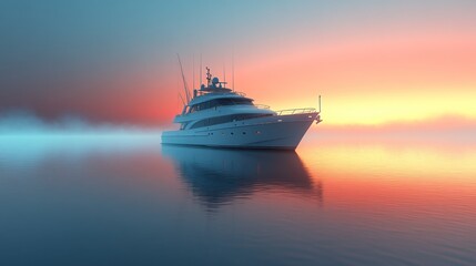 Obraz premium Luxury yacht at sunset, calm sea, fog.