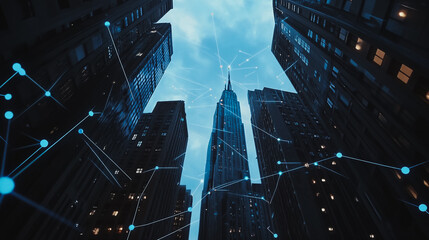 Smart digital Innovation Business skyscrapers in the Financial District with connection network reciprocity over the cityscape. of future smart wireless digital city and social media networking