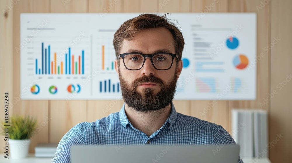 Aufkleber analytics for seo keywords concept. marketer analyzing data in modern office setting