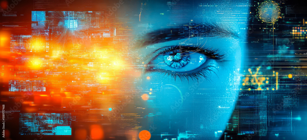 Poster futuristic technology interface with digital eye and data visualization concepts