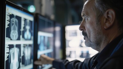 Security Officer Reviewing Airport X-Ray Images at Checkpoint for Enhanced Safety Protocol