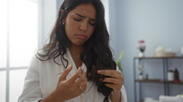 Young woman with brunette hair inspecting split ends in a wellness salon wearing a white robe appearing concerned about hair health