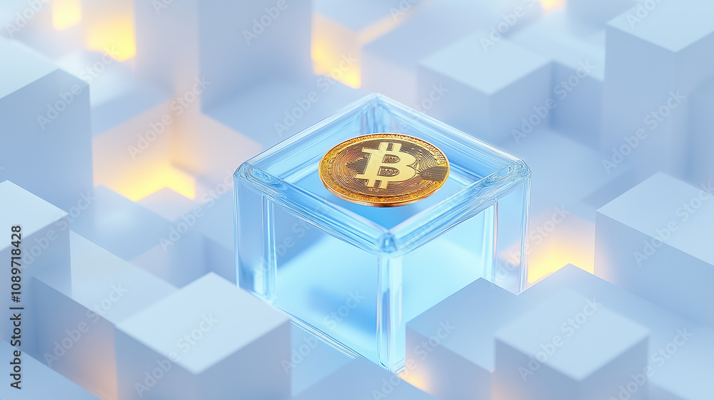 Poster bitcoin cryptocurrency coin inside glass cube displaying digital asset blockchain technology