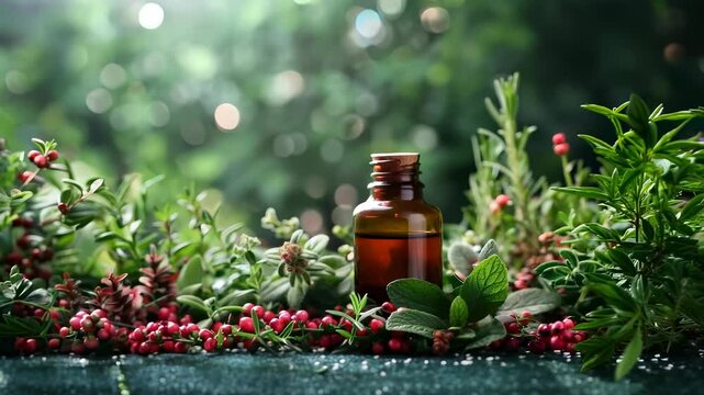 An artistic composition featuring botanical elements and organic particles, capturing the essence of natural remedies and wellness in a harmonious setting.