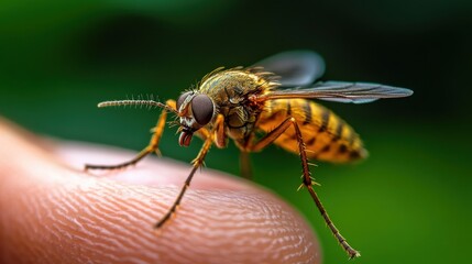 Fototapeta premium Close-up of a Yellow Mosquito on Finger