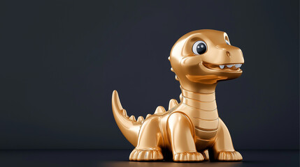 Golden dinosaur toy smiling on a dark background