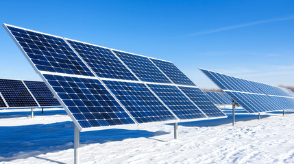 solar energy panels on snow and blue sky, renewable energy concept