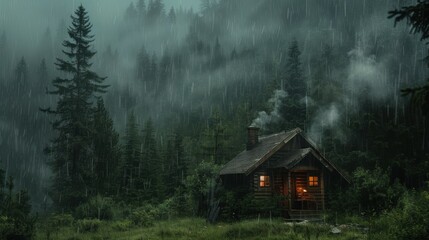 Cozy Cabin Retreat in Misty Forest with Soothing Rain and Warm Chimney Smoke
