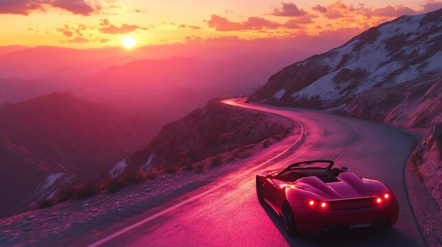  Red convertible drives winding mountain road at sunset.
