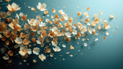 Delicate flowers with a gentle breeze, floating gracefully against a soft blue background
