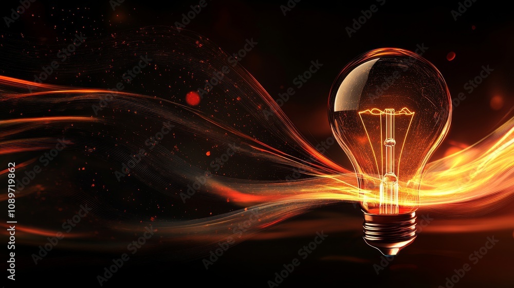 Poster illuminated lightbulb with fiery abstract background