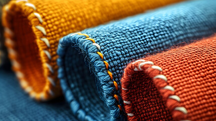 Artistic Close-Up of Overlock Stitching on Colorful Canvas Fabric with Emphasis on Thread and Techniques