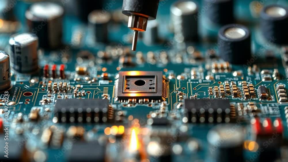 Poster detailed view of circuit board assembly process in a technology lab during daylight hours