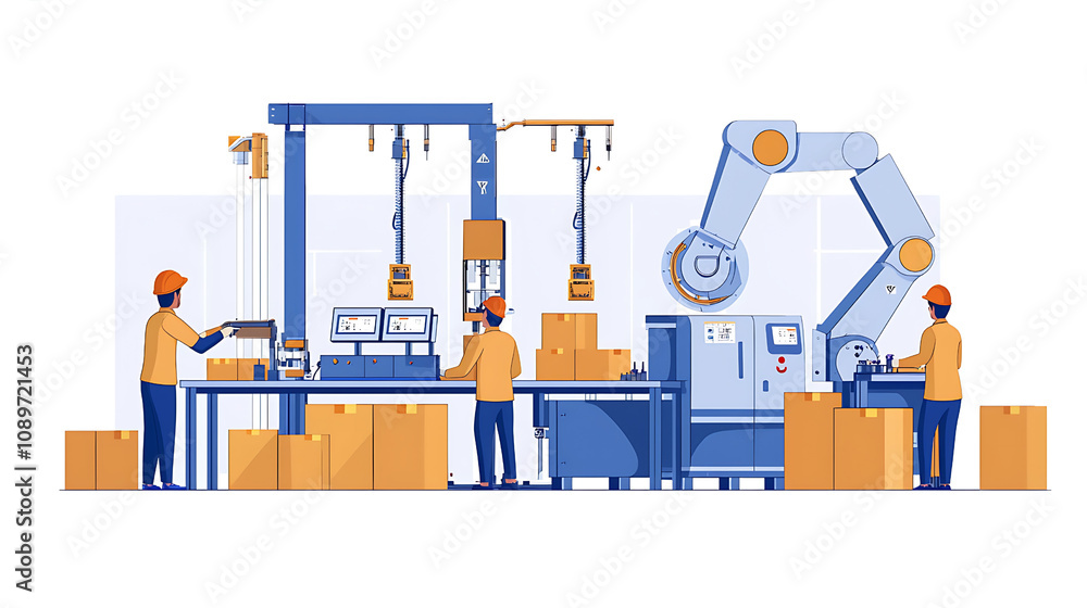 Poster Industrial automation in action workers and robotics streamlining packaging process in modern factory environment