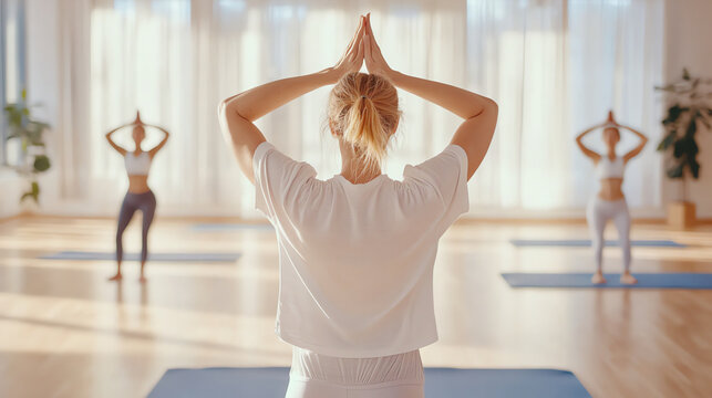 Back view of young woman practicing yoga in lotus position at yoga studio