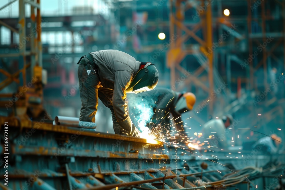 Poster skilled welders collaborating on a large-scale construction project for complex structure developmen