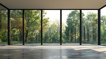 Naklejka premium A modern interior space with large glass windows showcasing a vibrant outdoor landscape.