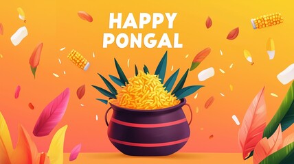 Happy Pongal Festival background with colorful sweet rice, millet, and corn leaves in a clay pot illustration. Text "HAPPY PONGAL" for an anime-style illustration, colorful and vibrant colors. Tamil, 