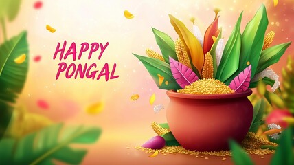 Happy Pongal Festival background with colorful sweet rice, millet, and corn leaves in a clay pot illustration. Text "HAPPY PONGAL" for an anime-style illustration, colorful and vibrant colors. Tamil, 