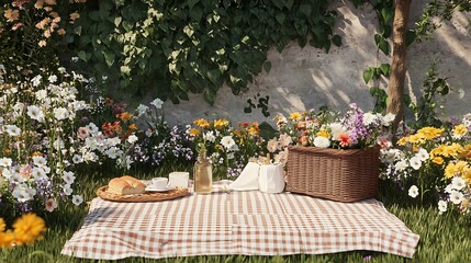 Obraz premium Idyllic picnic scene with flowers, bread, and drinks.