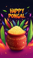 Happy Pongal Festival background with colorful sweet rice, millet, and corn leaves in a clay pot illustration. Text "HAPPY PONGAL" for an anime-style illustration, colorful and vibrant colors. Tamil, 